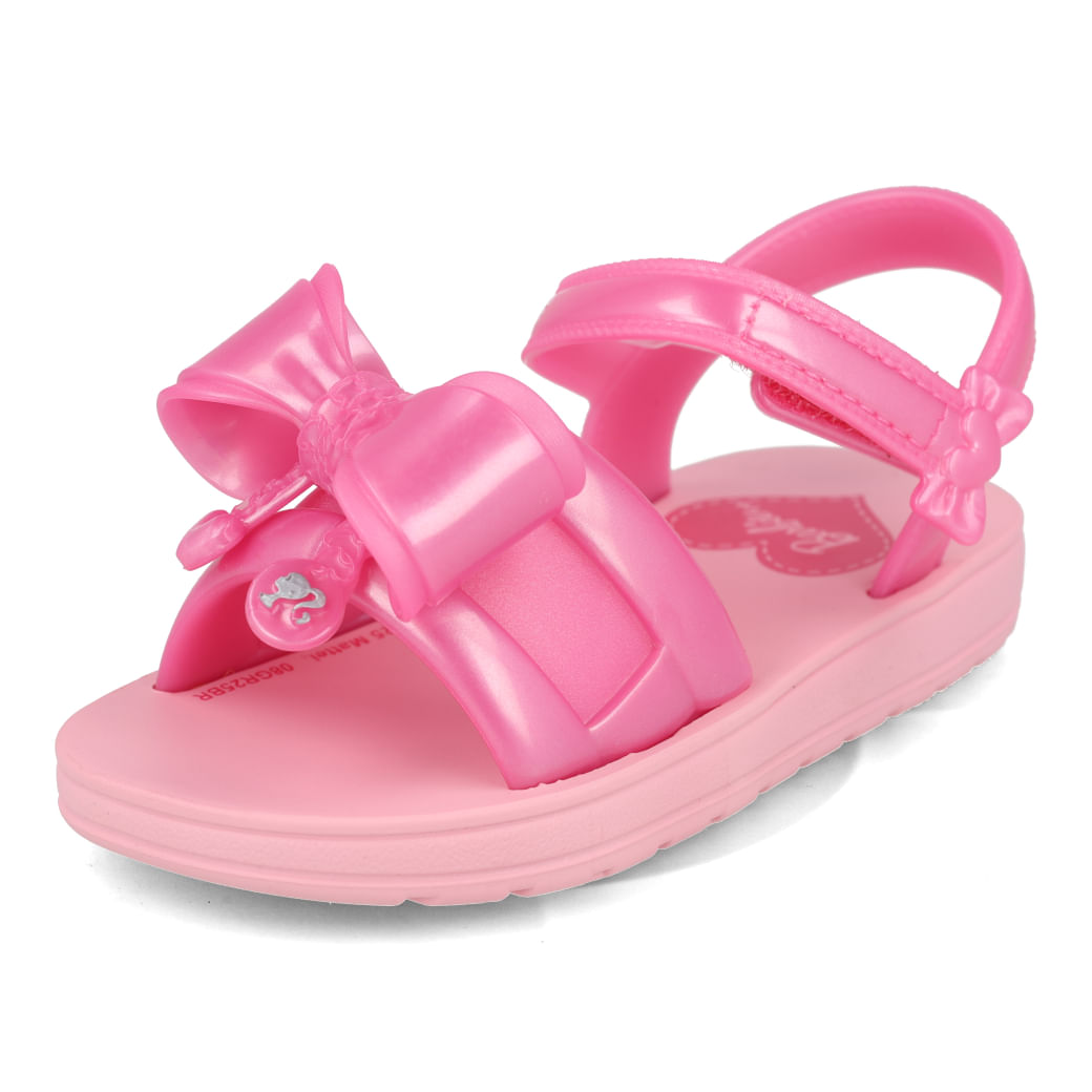 Sandália infantil Grendene Kids Barbie Rosy vista frontal esquerda com detalhes brilhantes e fechamento em velcro